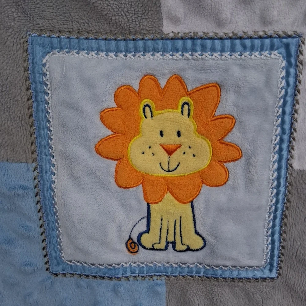 Vtg Y2K Blue Grey Patchwork Lion Baby Security Blanket Dot Satin Trim Lovey